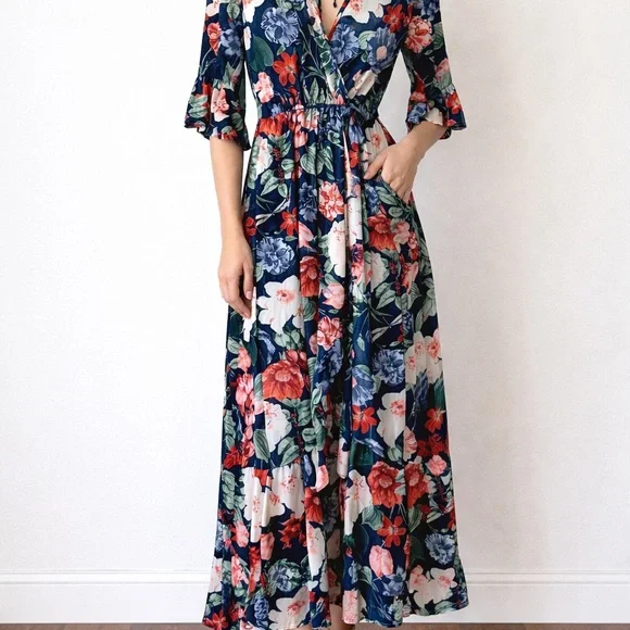 Floral Flounce Sleeve Boho Chic Maxi Faux Wrap Dress Cottagecore Coastal Small - Picture 3 of 11